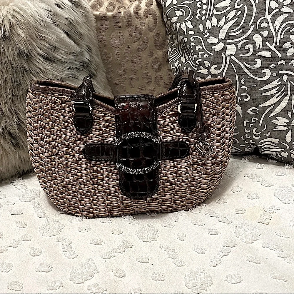 Brighton Basket Weave Brown Leather Braided Straps Croc Embossed Shoulder Bag